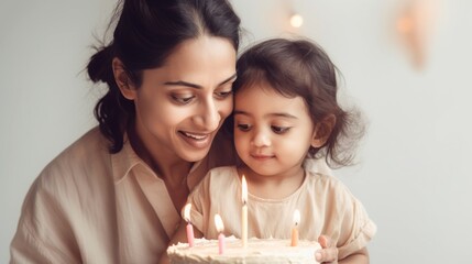 In a studio backdrop, a loving mother and child enjoying a birthday cake with candles. Generative AI