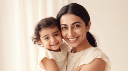 Lovely mother and child posing in a light sunny room. Generative AI