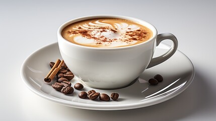A cup of hot coffe in a white glass on a white background