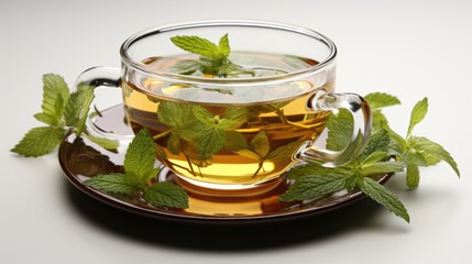 A cup of hot tea with fresh leaves in a transparent glass on a white background