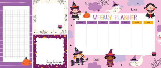  set of weekly planners with cute cartoon characters of  ghost, skeleton, witch, pumpkins.Happy Halloween.  Kids schedule of classes. Notes and to do list. Memo pages. Timetable design with Spider. Or