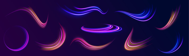 Expressway in long delay, with car lights at night on autobahn. Vector glitter light fire flare trace. Light arc in neon colors, in the form of a turn and a zigzag. 