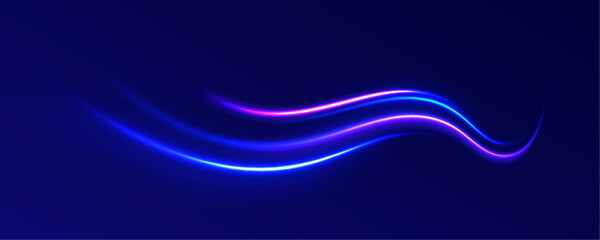 Expressway in long delay, with car lights at night on autobahn. Vector glitter light fire flare trace. Light arc in neon colors, in the form of a turn and a zigzag. 