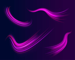 High-speed light line in the form of a road and a highway in a night city. Neon stripes in the form of drill, turns and swirl.   Speed of light concept background. 
