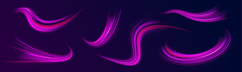 Neon stripes in the form of drill, turns and swirl.   Speed of light concept background.  Car motion trails. Speed line motion vector background.