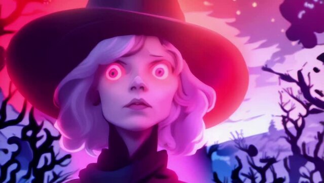 Worried Halloween Witch Does Trance Magic in the Haunted Forest. Concerned Anime Cartoon Witch Casts a Spell that Ages Her and then Reverses It. Looping. Animated Background. Seamless Loop.