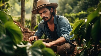 dark-haired man in his 30s harvesting coffee
