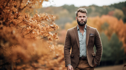 He stands confidently in a warm earth-tone button down and wool blazer.