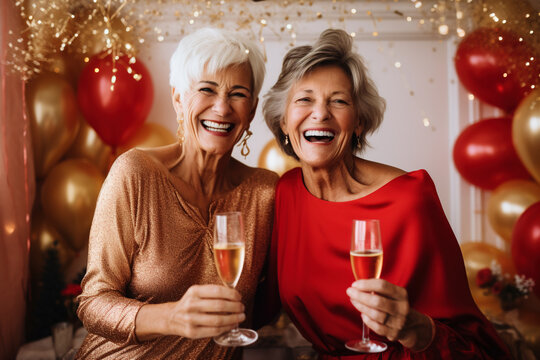 Portrait of happy beautiful young senior women celebrating Christmas