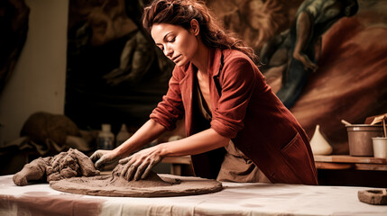 She skillfully shapes clay on the wheel, dressed in natural fabrics.