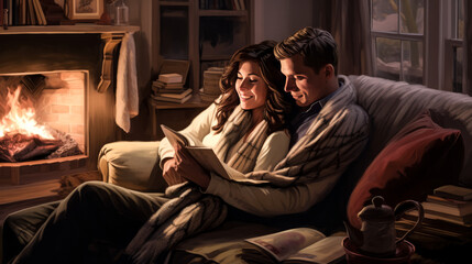 Fototapeta premium A man and woman curl up on a sofa to enjoy a book together.