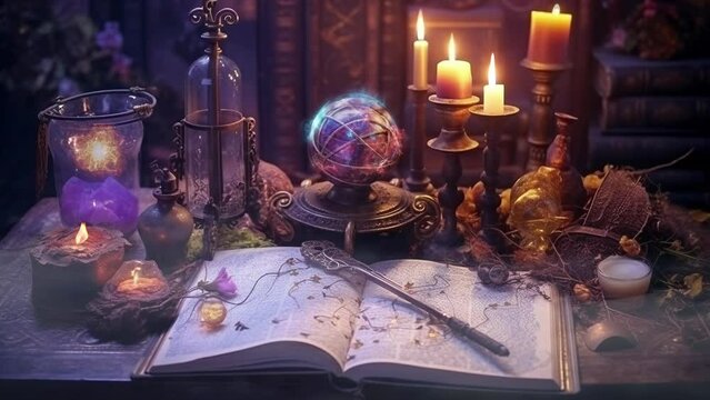 A Mysterious Alchemist, Wizard, or Witch Desk with Book of Spells, Wand, Flickering Candles, Swirling Orb, Crystal Ball, Mystical Items. Animated Looping Background. Vtuber Backdrop. Seamless Loop.