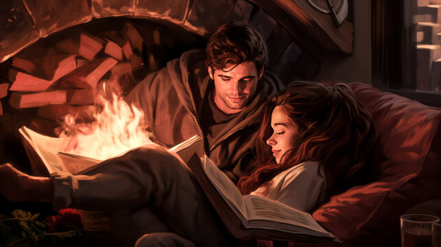 He and she relax together, cozy on the couch, engrossed in a book.