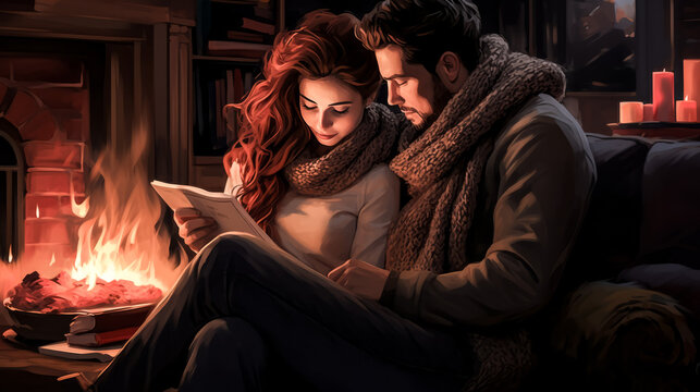 A couple reads by a warm, crackling fire while snuggled in oversized knit blankets.