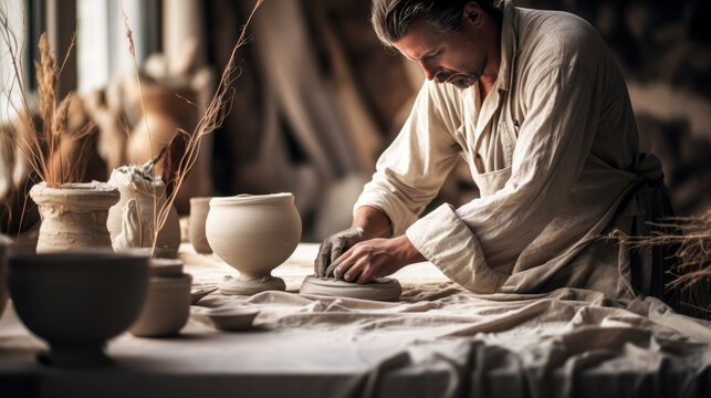 He carefully crafted pottery while wearing linen clothing.