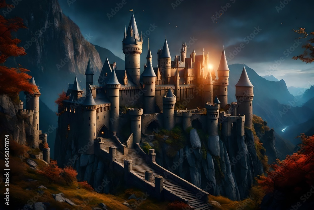 Poster a mysterious castle with rustic charm on a mountain illuminated with lamps - ai generative