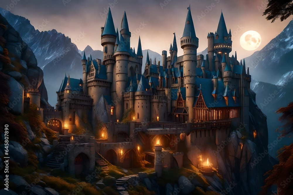 Poster a mysterious castle with rustic charm on a mountain illuminated with lamps - ai generative