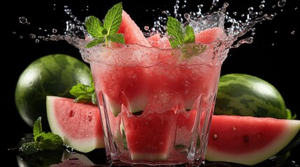 A glass of watermelon juice with a splash coming out of the glass on a white background