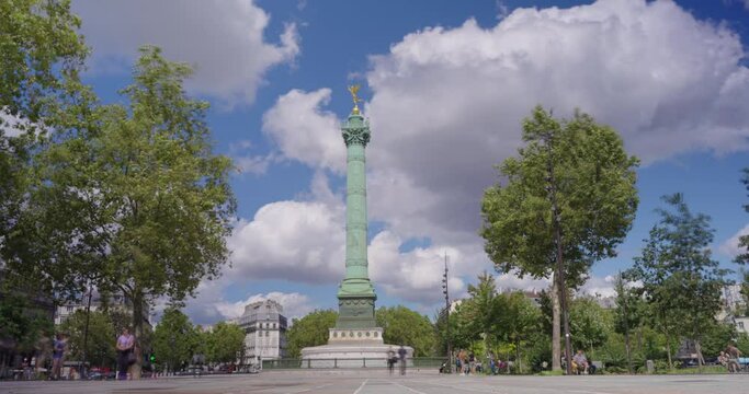 Place de la Bastille, highlighted the column of Juillet, in memory of the revolution of 1830. The golden winged statue stands out on the top. Static frame. Time lapse
