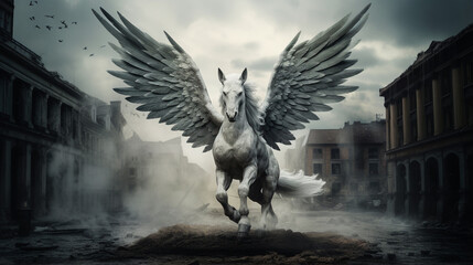 Gracefully flying over a square, a pegasus