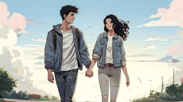 A young couple strolls down the street, the man wearing a denim jacket.