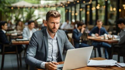 Serious young businessman sitting at table in cafe and working on laptop