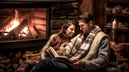 Fototapeta na wymiar He and she cozy up by the fire, enjoying a book together.
