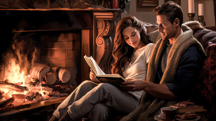 A couple snuggles up to read a book by the warm fireplace in cozy oversized knitwear.