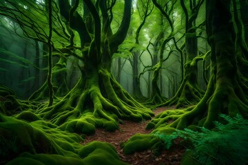 an enchanting and mystical forest, where the ancient trees stand tall and wise, their gnarled branches reaching out like ancient guardians of the woodland secrets - AI Generative - obrazy, fototapety, plakaty