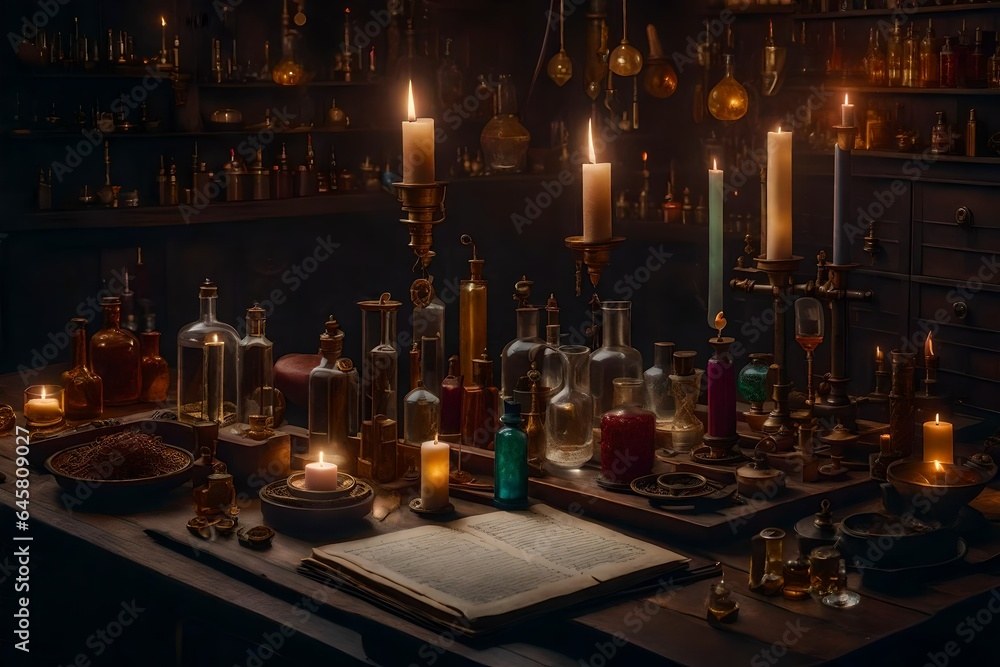 Poster an ultra-realistic composition featuring a collection of high-end perfume bottles with intricate des