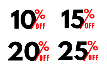 Sale discount typography. Special offer price discount in black and red colors. 10, 15, 20 and 50 percent off discount symbols with white background.
