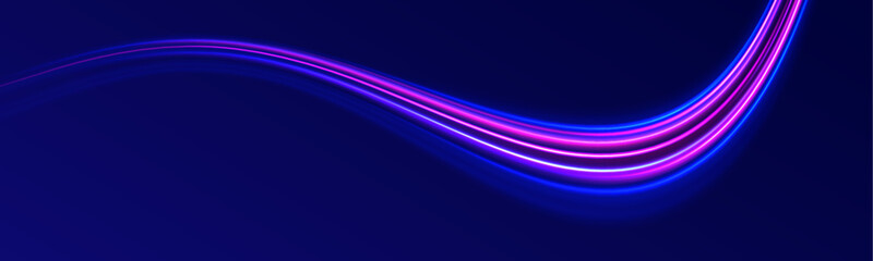 Fototapeta premium Light arc in neon colors, in the form of a turn and a zigzag. Big set of light neon lines in the form of swirl and spirals. Abstract background in blue, yellow and orange neon colors.