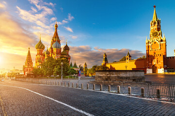 Russia, Moscow, Kremlin and St. Basil's Cathedral on Red square sunrise