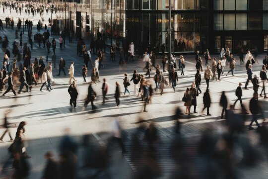 Blurred image of a crowd of people walking in the city.