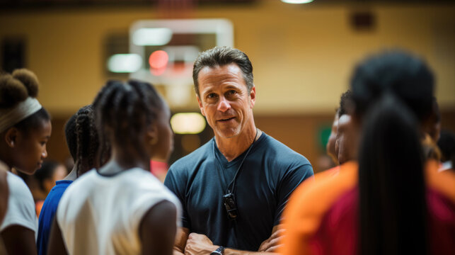 A volleyball coach instructs a group of young players on serving techniques during a practice session.