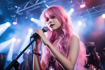 Young charming pink haired Asian k-pop idol girl on stage singing into a microphone - obrazy, fototapety, plakaty
