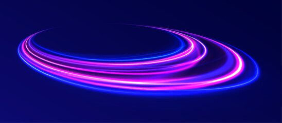 Light arc in neon colors, in the form of a turn and a zigzag. Big set of light neon lines in the form of swirl and spirals.  Abstract background in blue, yellow and orange neon colors.