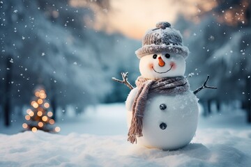 Obraz premium Little cute happy snowman wearing a gray hat and scarf on a defocused background of a winter snowy forest