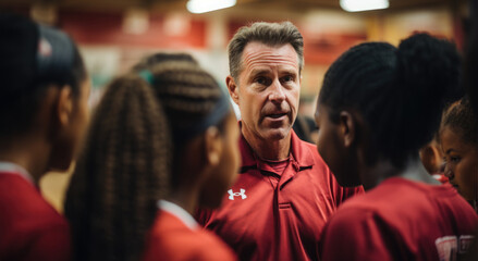 Obraz premium A volleyball coach instructs a group of young players on serving techniques during a practice session.