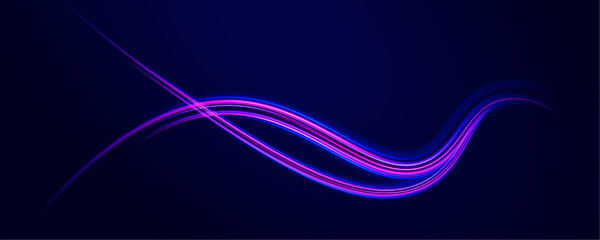 Acceleration speed motion on night road. Magic moving fast speed police lines. Big set of light neon lines in the form of swirl and spirals. Expressway in long delay, with car lights at night. 