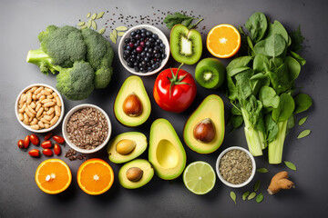 Different vegetables, seeds and fruits on dark background, flat lay. Healthy diet, top view
