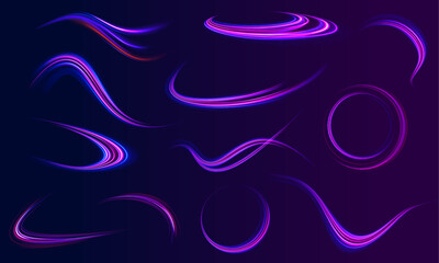 Big set of light neon lines in the form of swirl and spirals. Expressway in long delay, with car lights at night on autobahn. Vector glitter light fire flare trace.