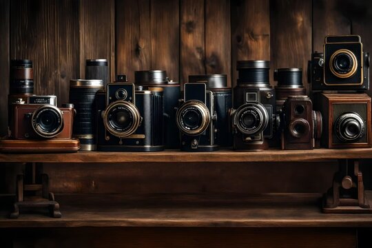 an ultra-realistic image of a vintage camera collection displayed on a well-worn wooden shelf - AI Generative