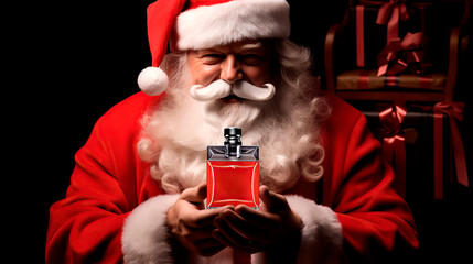 Close-up of Santa Claus holding eau de parfum in his hands