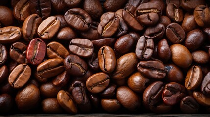 Fototapeta premium Brown Roasted Coffee Beans On Old Wooden Background