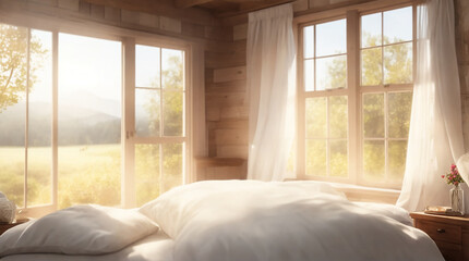 cottage style bedroom, fluffy comfy bed, day, sunny, window looking out at nature - AI Generative
