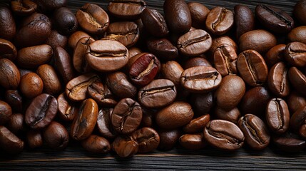 Fototapeta premium Brown Roasted Coffee Beans On Old Wooden Background
