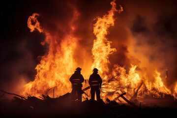 Silhouette of firemen fighting a fire