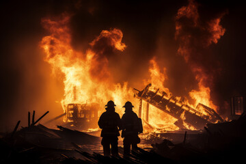 Silhouette of firemen fighting a fire
