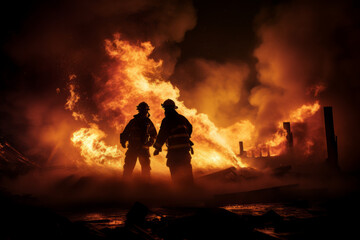 Silhouette of firemen fighting a fire